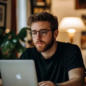 A man wearing glasses looks confused while using a laptop as the website takes too long to load, slow website performance.