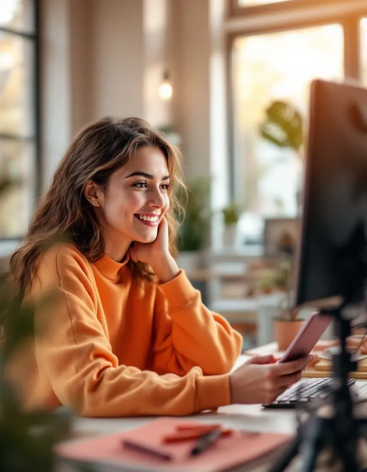 Smiling girl using a desktop computer to perform manual SEO keyword research without AI tools.